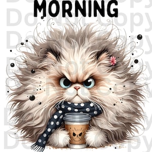 Puede incluir: Un gato blanco y esponjoso con una expresión gruñona sostiene una taza de café. El gato lleva una bufanda de lunares negros y blancos. El texto "Do I look like a morning person to you?" está escrito encima del gato.