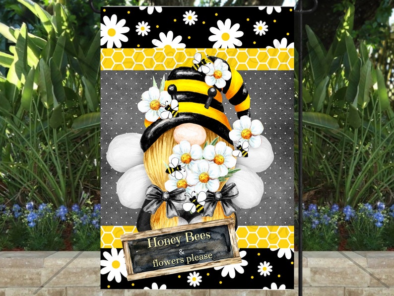 Flag, Digital Design, PNG, Digital, Printable, Personalize, Garden Flag, Yard Flag, Welcome, Gnome, Gnomes, Summer, Bee our Guest image 1