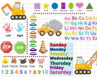 May include: Educational graphic with colorful illustrations. Includes shapes, the alphabet, numbers 1-10, days of the week, and various vehicles. Features handprints, a stop sign, and farm animals. The word "Left" and "Right" are also included.
