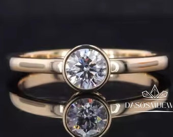 Round Cut Bezel Set Solitaire Ring, Solid Yellow Gold Wedding Ring, Round Bezel Moissanite Engagement Ring, 14K Yellow Gold Anniversary Gift