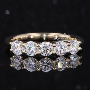 Round Cut Moissanite Wedding Band, Half eternity band  five stone ring, round cut ring wide band Yellow Gold wedding band,anniversary gift