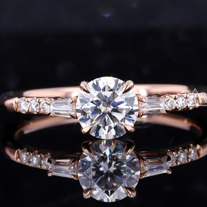 Round Cut Moissanite engagement ring with side Baguette and Round Stone, 14K Rose Gold Round Moissanite Wedding ring, Anniversary Gift Ring