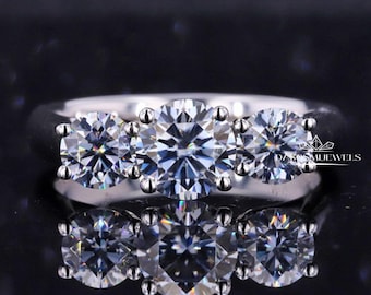 Brilliant Round Cut Three Stone Moissanite Engagement Ring, Colorless Round Cut Three Stone Ring For Her, Three Stone Wedding Proposal Ring,