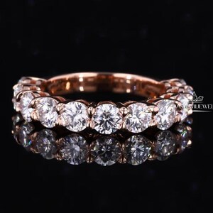 Shared Prong Round Brilliant Cut Colorless Moissanite Half Eternity Wedding Band, Matching Band, Anniversary Gift For Her, Solid Gold ring
