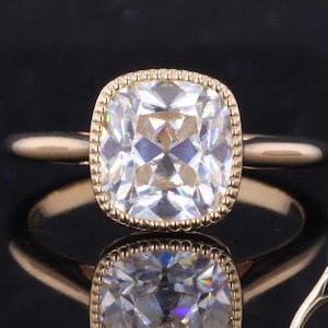 Old Mine cushion milgrain Bezel Engagement Ring ,  Cushion Old Mine Cut Diamond Ring Solitaire Moissanite Ring OMC Anniversary Ring Gift