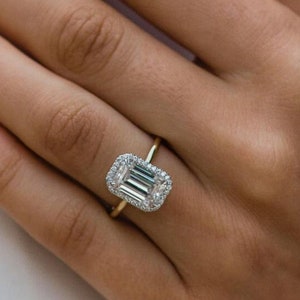 3 Ct Halo Emerald Cut Moissanite Wedding Ring, Solid 14K Gold Ring, Emerald Cut Moissanite Engagement Ring, Solitaire Promise Ring Gift