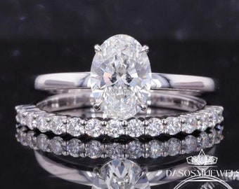 Oval Cut Moissanite Engagement Ring Set, 14K White Gold Solitaire Ring, Matching Eternity Wedding Band, Anniversary Gift For Women