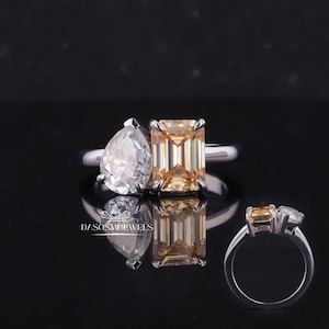 Toi Et Moi Champagne Emerald & Pear Cut Moissanite Engagement Ring Vintage Wedding Ring  Two Stone Ring Gift for her Anniversary Gift Ring