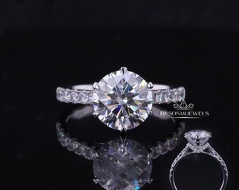 Anello di fidanzamento con moissanite taglio rotondo, fascia in oro bianco 14 carati con pavé, anello solitario vintage in filigrana con alone nascosto, regalo di anniversario per lei.