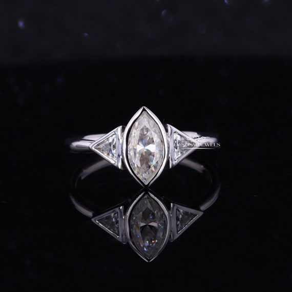 Marquise Triangle moissanite ring, marquise engagement ring three stone Ring For Women, Marquise bezel ring, Trillion Side Stone Bridal Ring