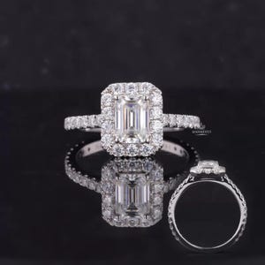 1.0CT Emerald Cut Halo Moissanite Engagement Ring, 14K White Gold Pave Diamond Band, Rectangular Halo Wedding Ring, Anniversary Gift For Her