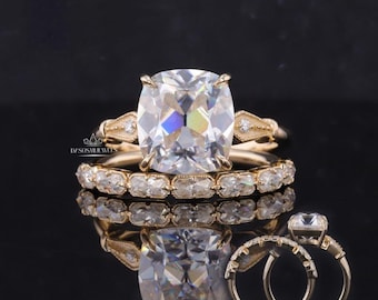 Old Mine Cushion Cut Moissanite Engagement Ring, Half Eternity Radiant Cut Matching Band, 14K Yellow Gold Wedding Band, Anniversary Gift