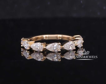 East West Pear Half Eternity Band, Pear Cut Moissanite Wedding Band, 14K Gold Seven Stone Promise Ring, Matching Band For Anniversary Ring