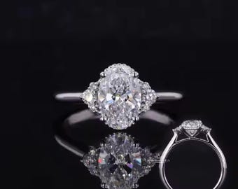 Vintage 3CT Oval Moissanite Engagement Ring, Oval Cut With Trillion Diamond Wedding Ring, 14K White Gold Proposal Ring, Three Stone Ring