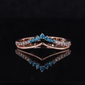 Aqua Blue CZ With Round Cut Moissanite 14k Gold Jewelry Rings Women Chevron Band, V Shaped Band, Round Curve Wedding Band, Anniversary Gift