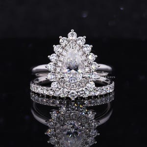 Pear moissanite double halo engagement ring with half eternity wedding band, Teardrop Moissanite bridal ring set, proposal ring set for Her