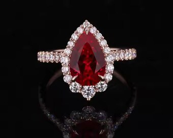Pear Ruby Gemstone Round Moissanite Halo Engagement Ring, Pear Ruby Proposal Ring For Her, Anniversary Gift For Her, Personalized Gift