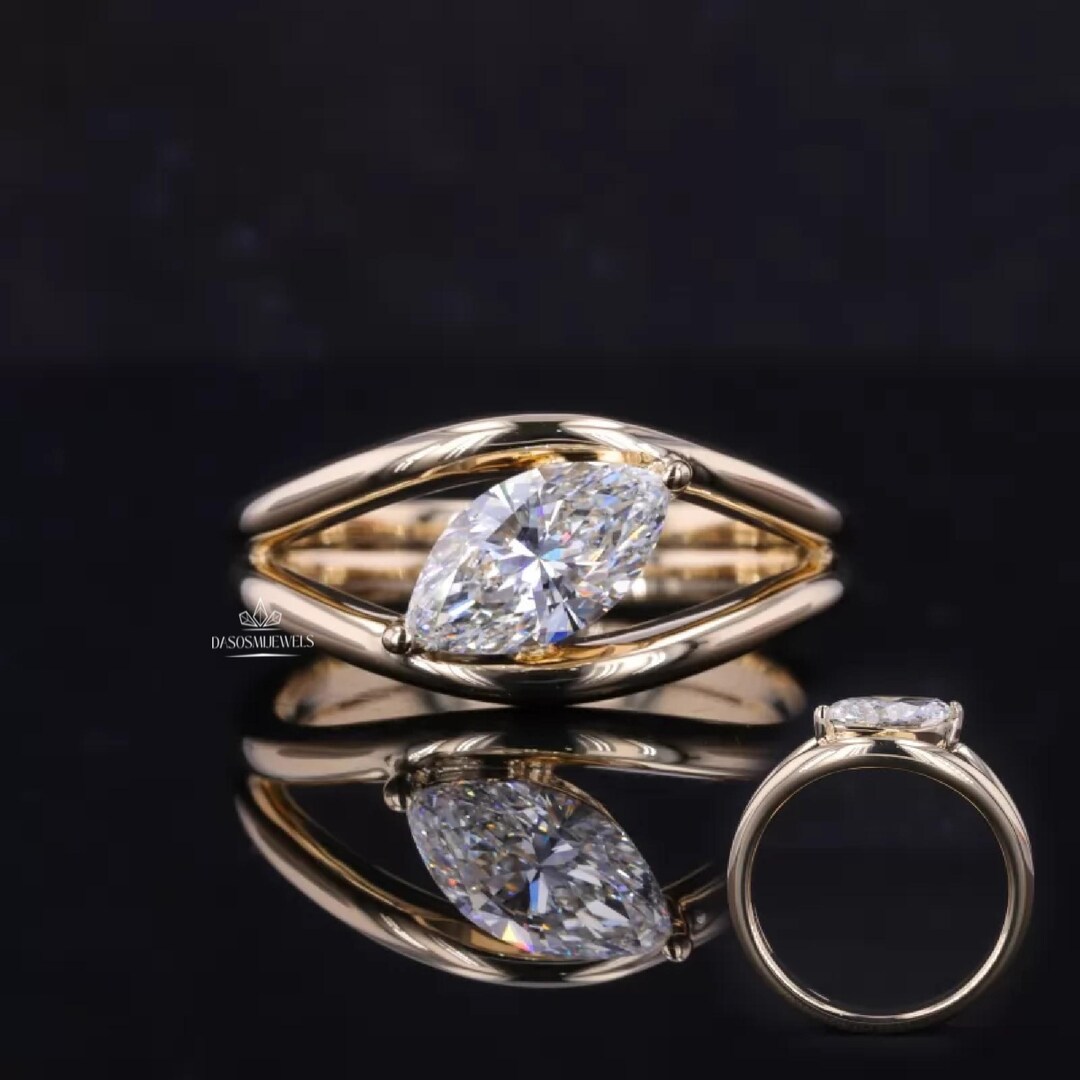 Marquise Cut Moissanite Engagement Ring, Split Shank Set Promise Ring ...