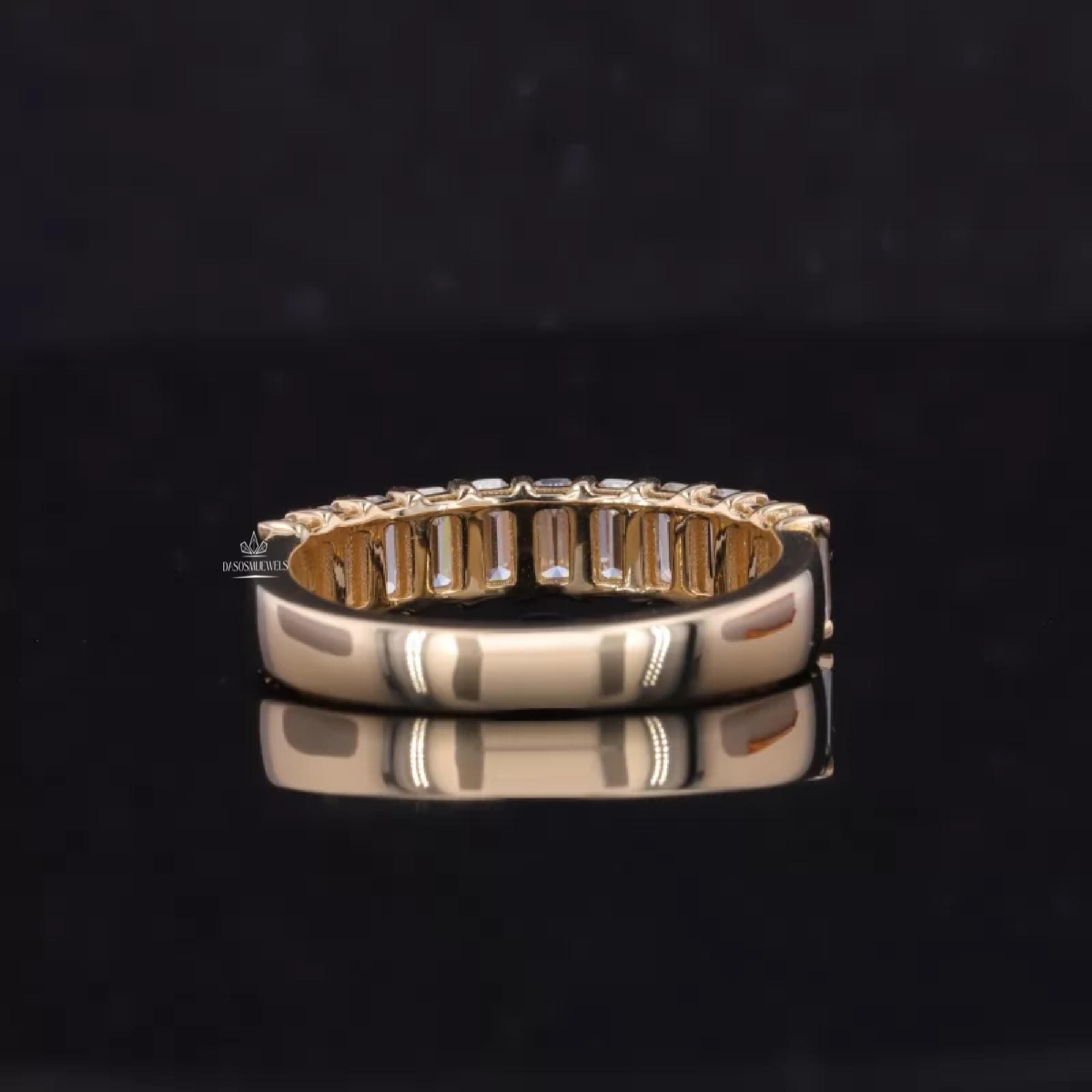 Emerald Cut Moissanite Wedding Band, 14K Yellow Gold Half Eternity Ring ...