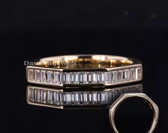 Baguette Cut Moissanite Band, Geometric Channel Set Ring, 14K Gold Art Deco Wedding Ring, Modern Anniversary Band, Matching Band For Ring