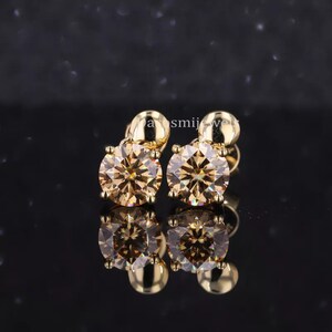 1 Carat Champagne Round Moissanite Stud, Round Solitaire Stud Earring, Solid Gold Earring, Push Back/Stud Back Earring,Birthday Gift Earring