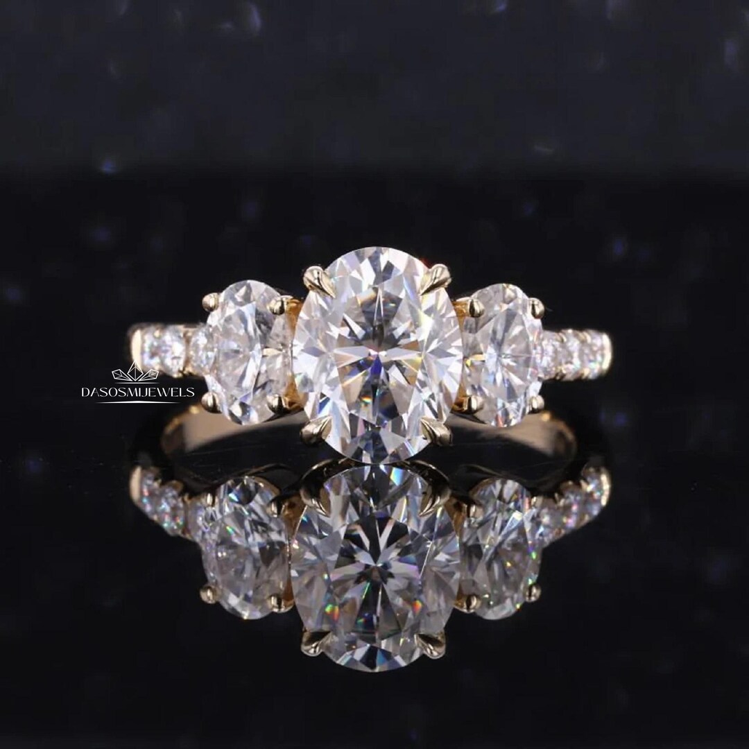 Three Stone Moissanite Engagement Ring, Oval Cut Moissanite Ring Yellow ...