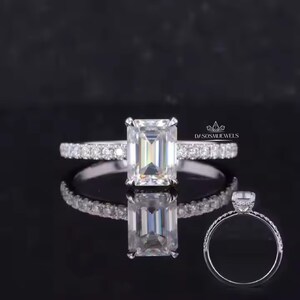 Solid Gold Emerald Cut Moissanite Engagement Ring, Anniversary Gift for Women, Half Pave & Hidden Halo Promise Ring for Her, Bridal Ring