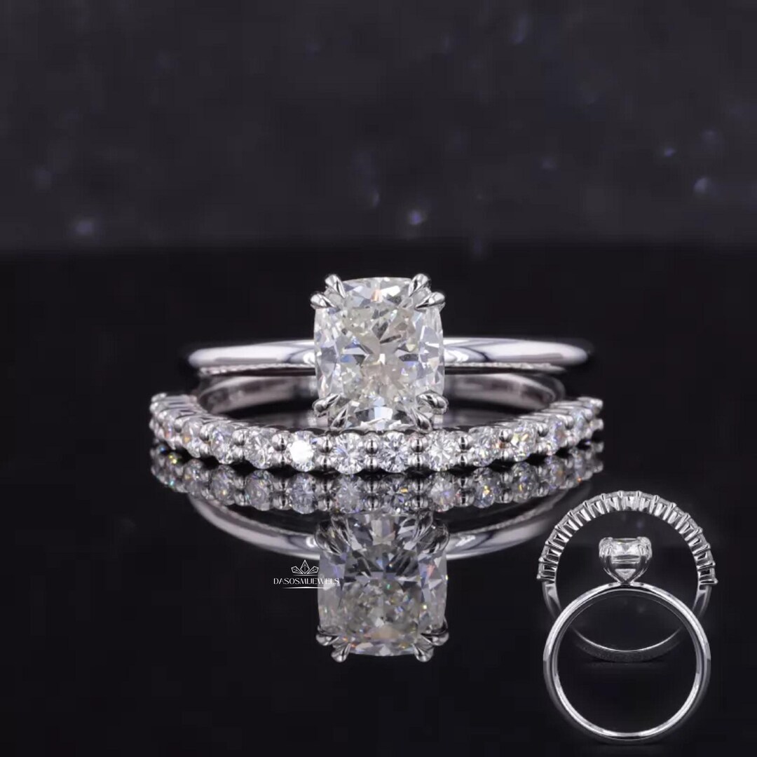 Cushion Cut Moissanite Bridal Set, 14K White Gold Engagement Ring With ...