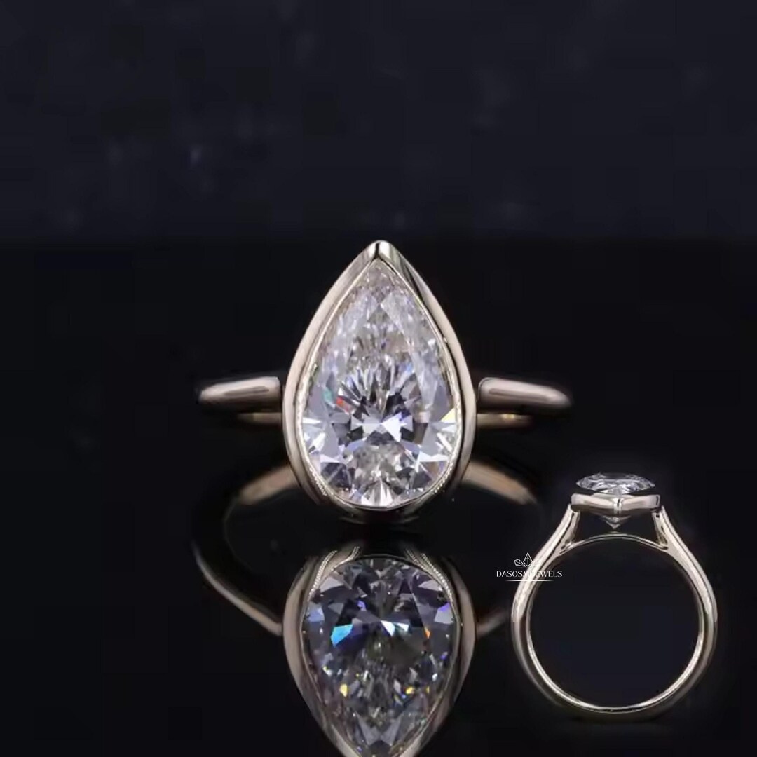Pear Cut Moissanite Engagement Ring, Bezel Set Pear Ring, 14K Yellow ...