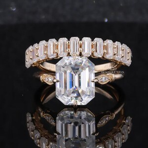 3 CT Emerald Cut Moissanite Wedding Ring Set Moissanite Engagement Ring Set Vintage Ring Set Emerald Cut Wedding Band with Bridal Set Ring