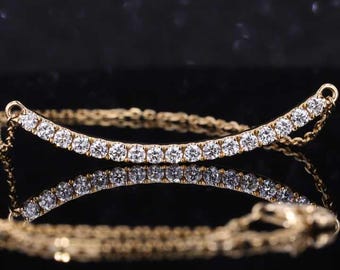 Moissanite Round Bar Necklace, 14k Solid Gold Moissanite Curved Bar Necklace, Dainty Bar Necklace, Womens Moissanite Necklace, Gift for Mom