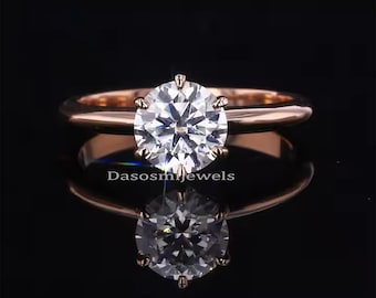 1 CT Round Cut Moissanite Engagement Ring, 14K Rose Gold Solitaire Ring, Classic 6 Prong Brilliant Cut Ring, Anniversary Gift for Her