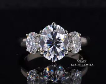 Oval Cut Moissanite Ring, Oval Three Stone Engagement Ring, 14K White Gold Wedding Ring, Trilogy Ring Proposal For Her, Anniversary Gift