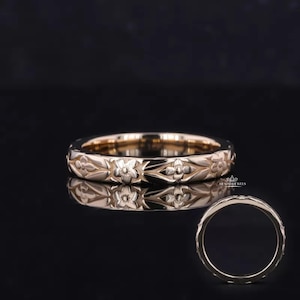 14k Gold Floral Engraved Wedding Band, Women Solid Gold Thick Gold Ring, Vintage Design Flower Pattern Ring, Nature Inspired 3.5MM Wide Ring