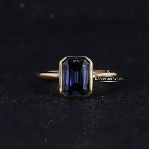 Bezel Emerald Cut Sapphire Engagement Ring, Promise Ring, Proposal Ring, Anniversary/ Birthday Gift for Women,Emerald Sapphire ring for Her