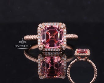 Anillo de compromiso Art Déco con halo de piedra preciosa rosa de corte Asscher de 3 quilates, engaste en garras de corte Asscher, regalo de aniversario y Navidad para ella.