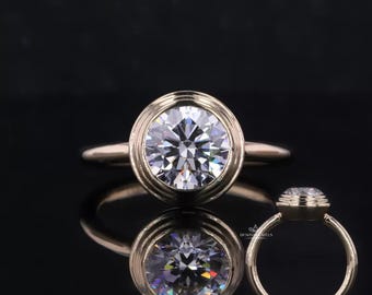 2.0 CT Round Moissanite Solitaire ring, 14K Solid Yellow Gold Round Moissanite Engagement Ring, Round Bezel Setting Ring, Anniversary Gift