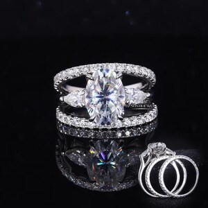 3 CT Oval Moissanite mit seitlicher Birne Ehering-Set, 3 Stück Brautring Set, 10K Solid Gold Oval Moissanite Ring mit zwei runden Pave-Band