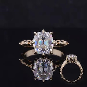10K Yellow Gold Orange Blossom Band Trendy Rings Old Mine Cut Moissanite Engagement Rings Old mine Cushion Solitaire ring Mother Day Gift