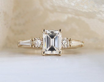 Emerald Cut CZ Engagement Ring, Fancy Tapered Baguette And Round Cut Diamond Ring For Her, Five Stone Ring, Use 2.50 Ct Emerald Cut Diamond