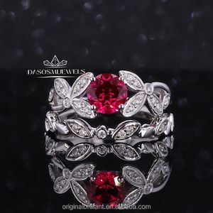 Vintage Round Ruby Gemstone Engagement ring Set, Unique Pave Flower Wedding Ring Set, Anniversary Gift,Red Ruby Cz Bridal Ring Set for Woman