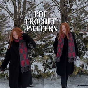 May include: Two people wearing black coats with red and gray scarves. The scarves have a pattern of numbers on them. The text "PDF CROCHET PATTERN" is displayed at the top of the image.
