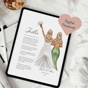 Digitale PDF Datei Schwester an ihrem Hochzeitstag personalisierte Gedicht Illustration, digitaler Download Hochzeitsgeschenk für Schwester, druckbares Hochzeitsgedicht