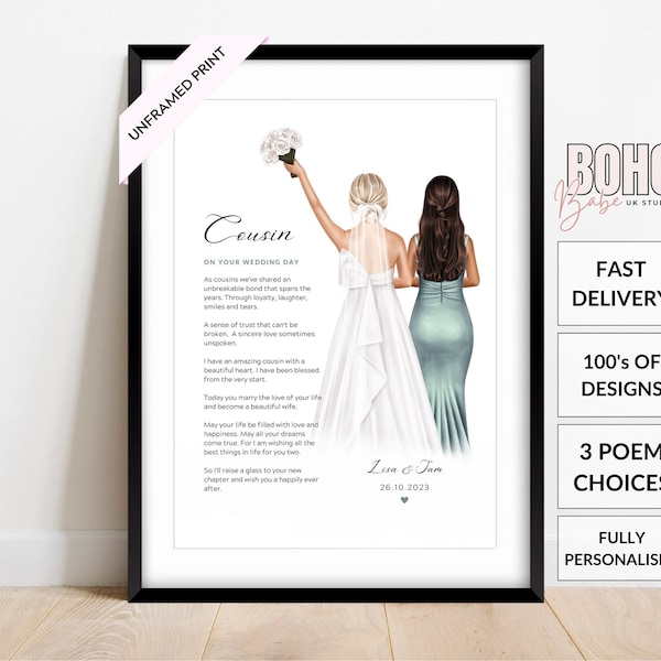 Unframed Cousin Printed Wedding Poem, Gift For A Bride On Her Wedding Day From Cousin, Personalised Wedding Illustration, Wedding Print