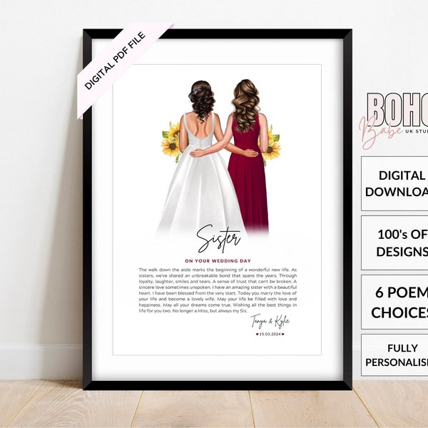 For My Sister On Her Wedding Day, Digital Personalised Print At Home PDF File, Printable Wedding Design For Bride From Her Sister Bridesmaid