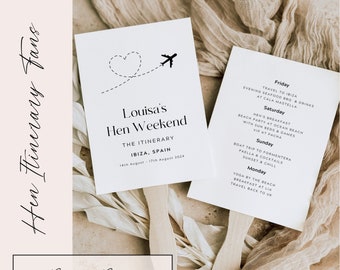 Hen Do Itinerary Fan, Destination Hen Party Itineraries, Paddle Fan Party Itinerary, Hen Weekend Menu, Hen Party Stationary, Personalised