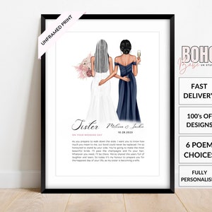 Gift For My Sister On Her Wedding Day, A4 Unframed Printed Wedding Poem, Personalised Wedding Print For Bride From Bridesmaid, Keepsake