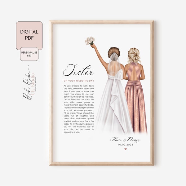 Digital PDF File Sister On Her Wedding Day Personalised Poem Illustration, Digital Download Wedding Gift For Sister, Printable Wedding Poem