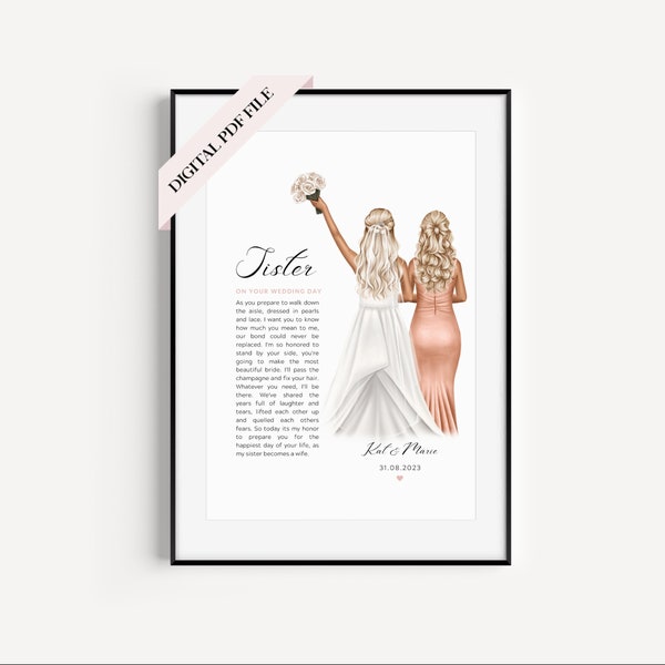 Für meine Schwester an ihrem Hochzeitstag Gedicht, Digitaldruck Geschenke für die Braut, Hochzeitsgeschenke, Andenken, Schwester Hochzeit, personalisierte Illustration