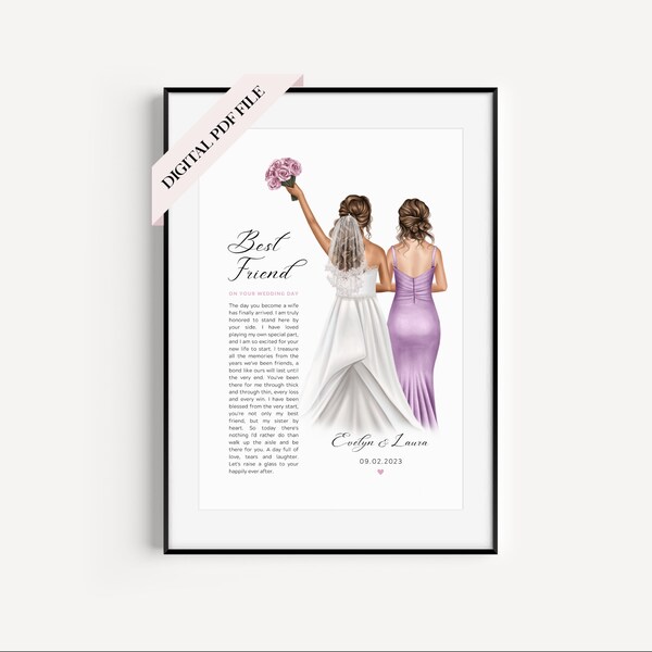 Best Friend Bride Wedding Poem, Digital Print Gifts For Bride, Wedding Gifts, Keepsakes, Best Friend Wedding, Personalised Illustration